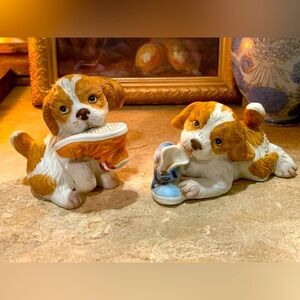Homco Brown/White Puppies with Shoes Figurines - Set of 2
